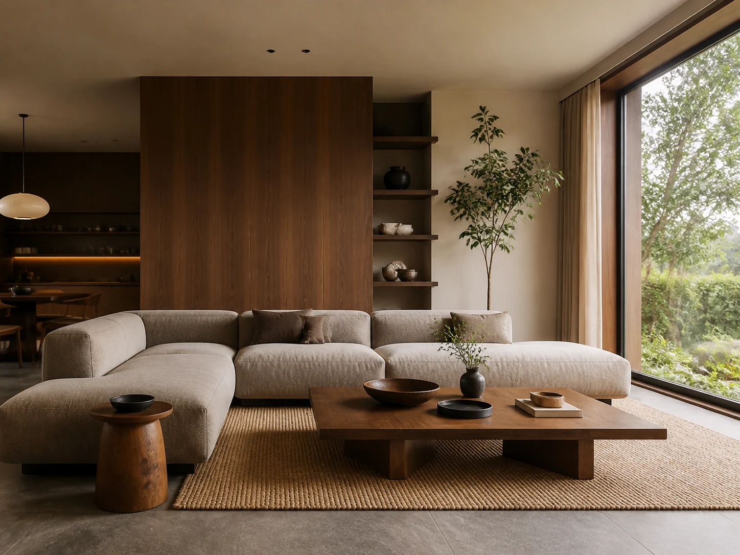 Modern interior living space with low sofa and warm wood accents