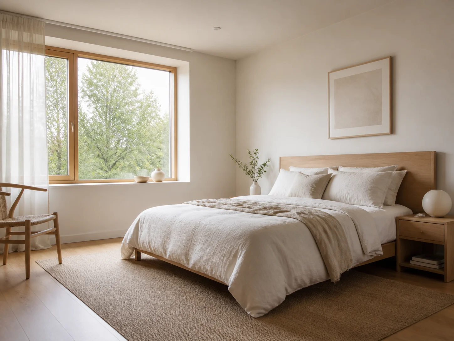 Scandinavian interior bedroom with light oak flooring and white linens