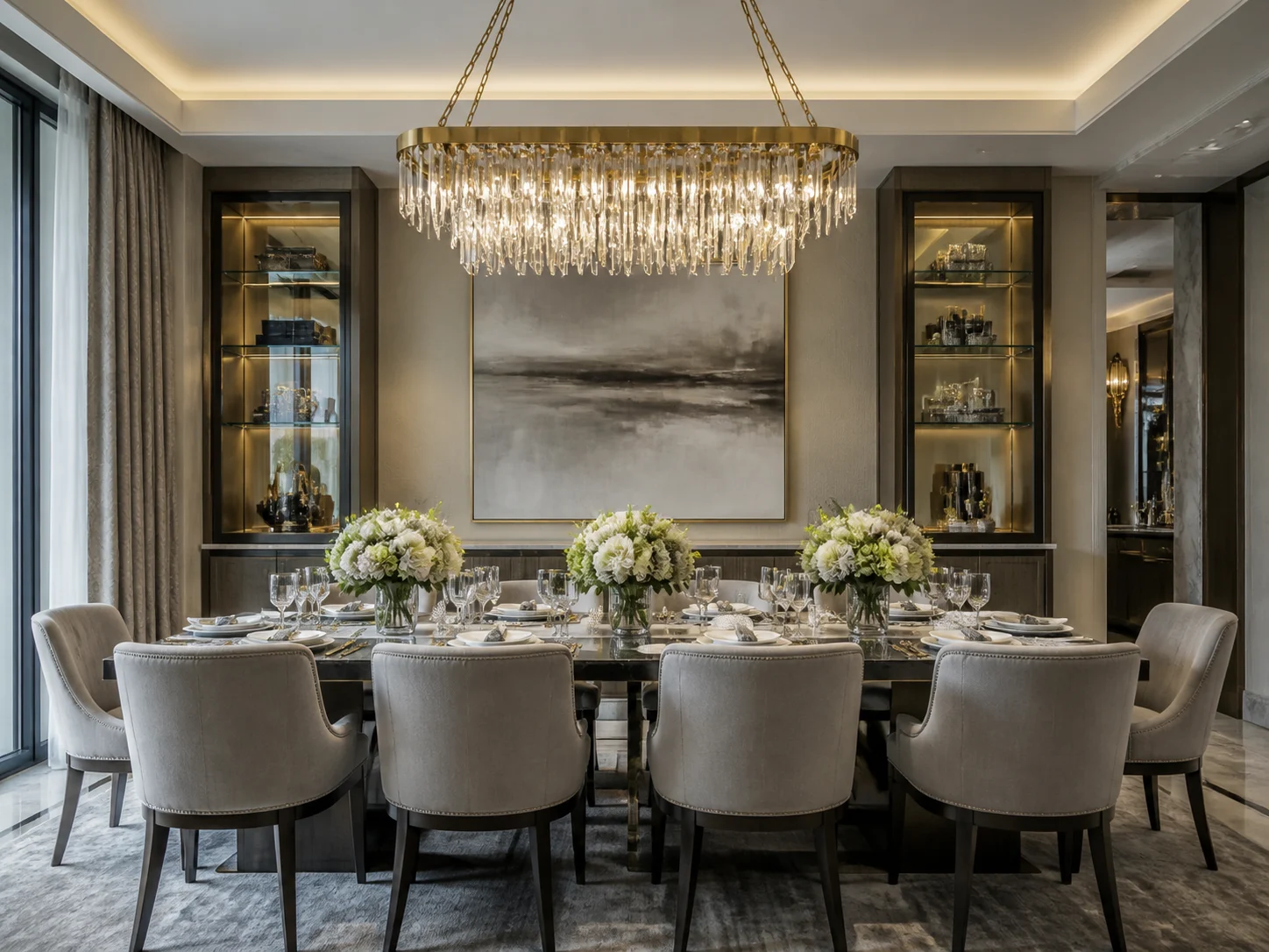 Luxury interior dining space with statement chandelier