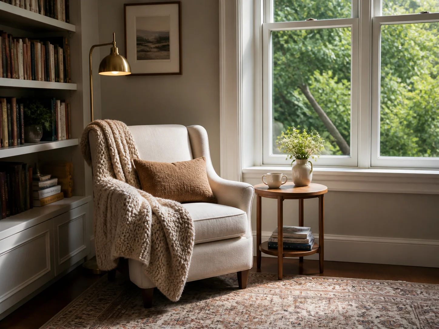 Cozy interior reading nook with warm textiles