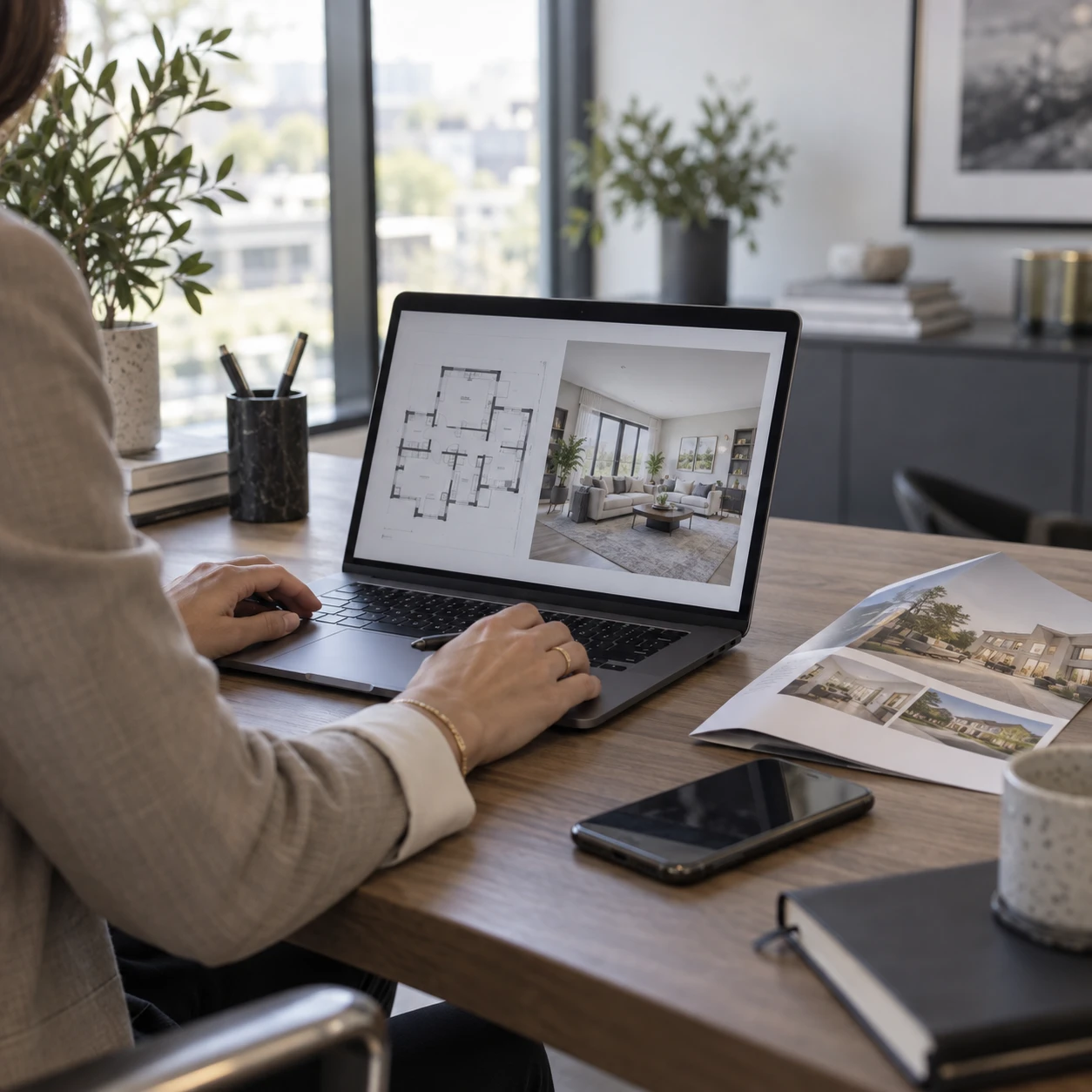 Real estate agent reviewing a floor plan and a matching interior render on a laptop
