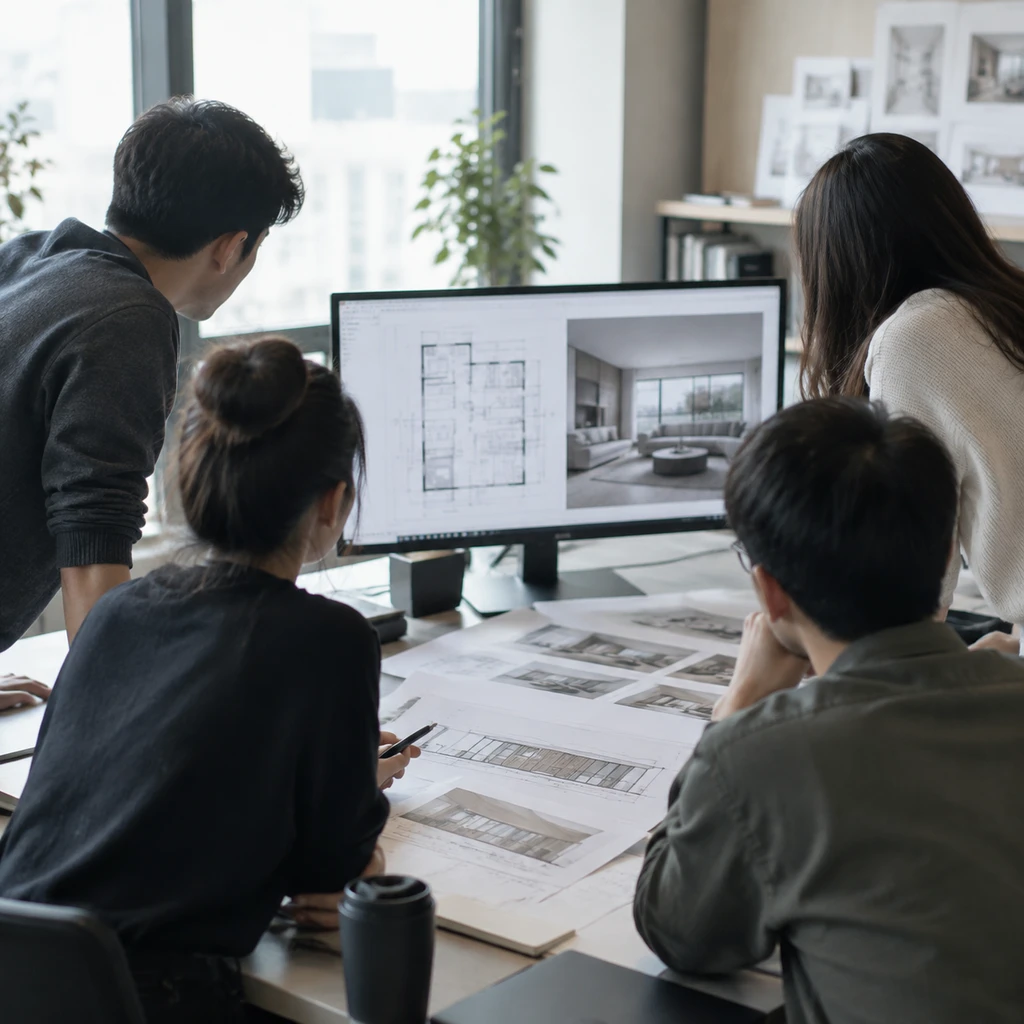 Small development team reviewing floor plans and interior renders together on a shared screen