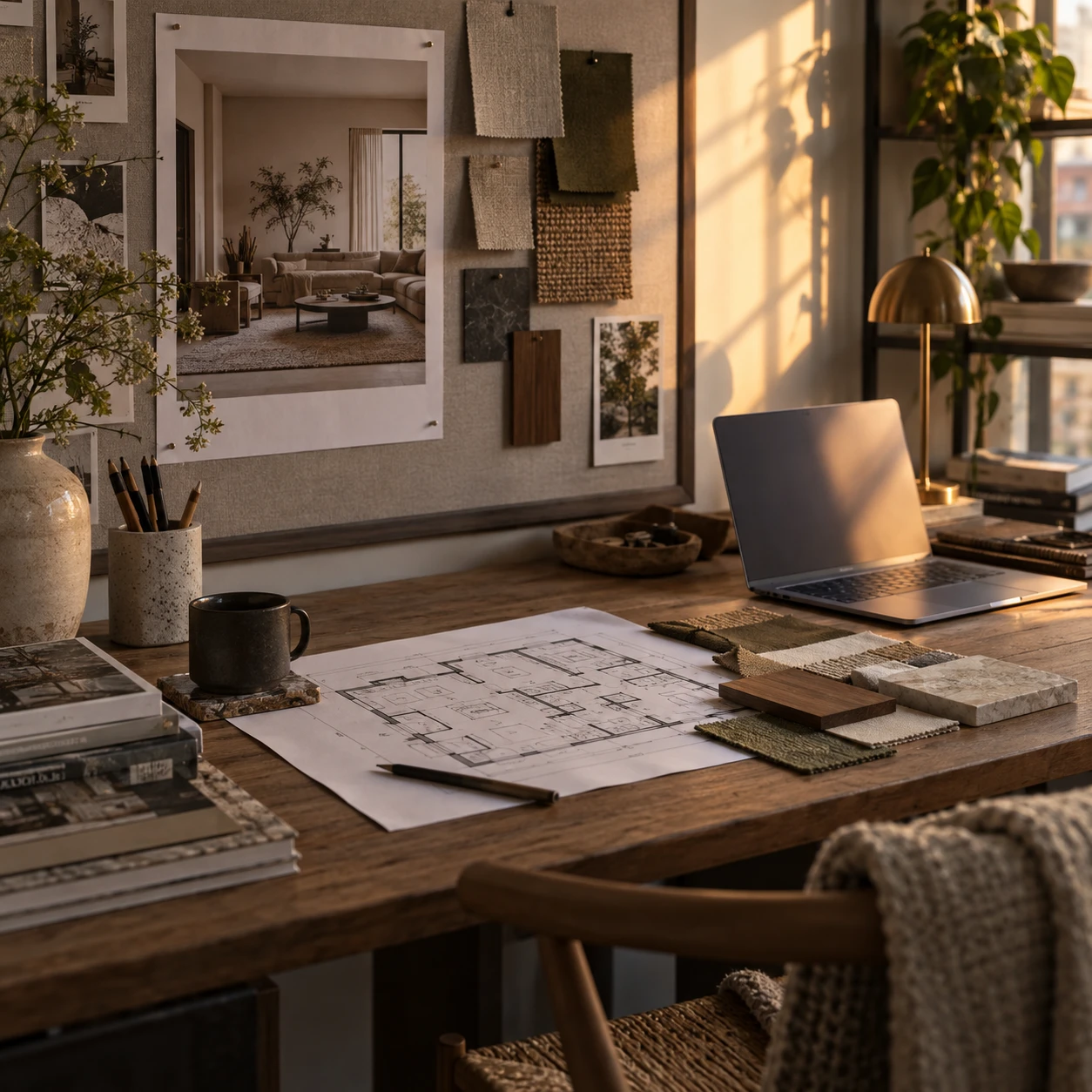 Interior design studio workspace with a floor plan, a rendered room, and material samples laid out together