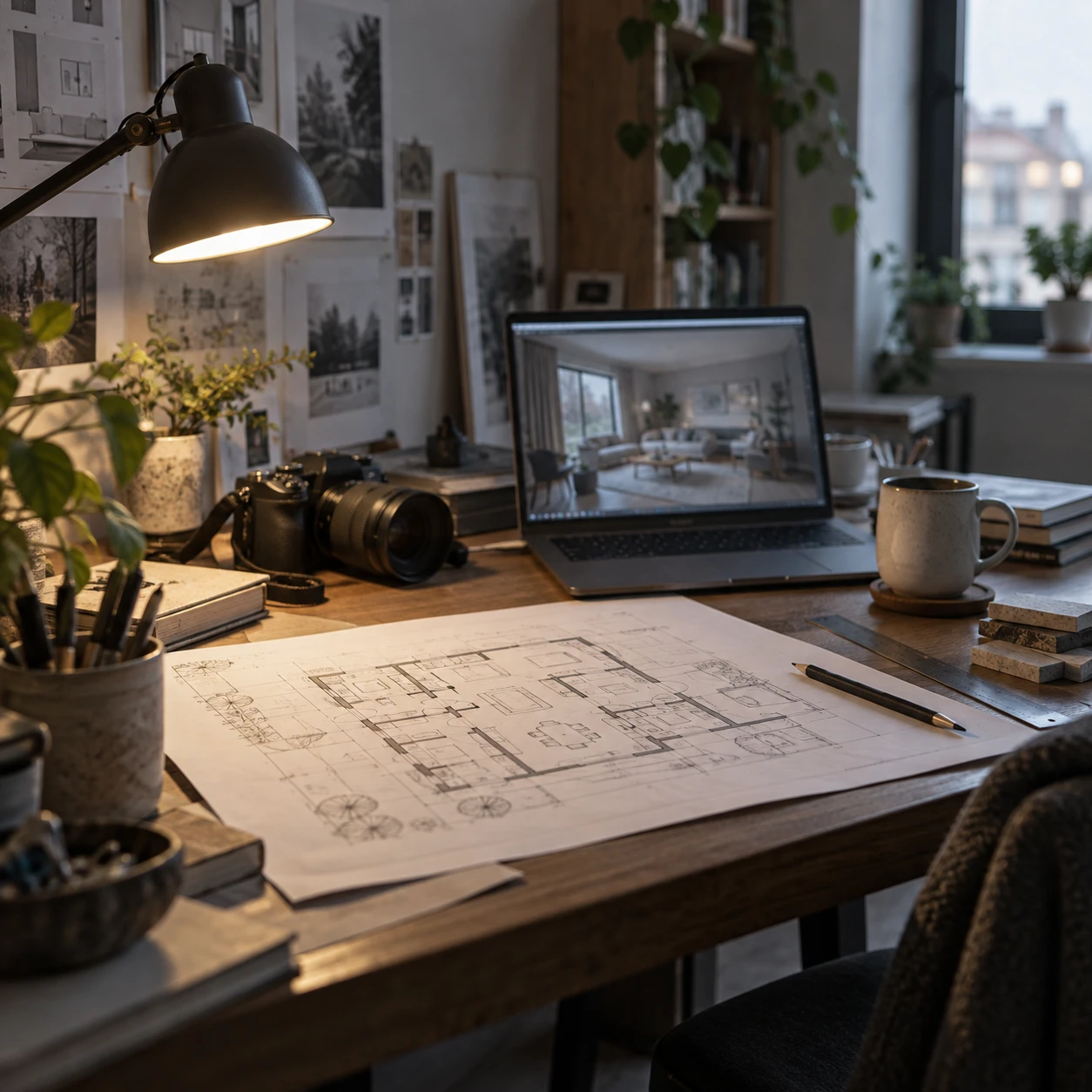Freelance drafter's desk with a floor plan printout, a laptop, and a finished interior render on screen