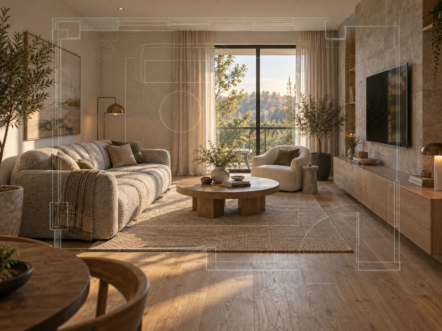 Diagram showing a floor plan image selected from a workspace and its AI interior render sharing the exact same wall layout