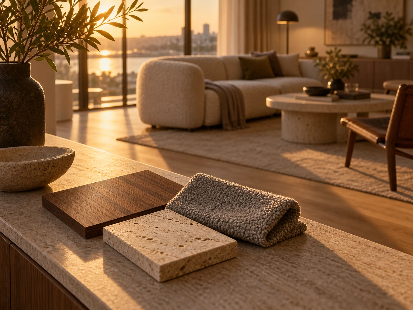 Interior render comparison showing different material and lighting choices applied to the same room