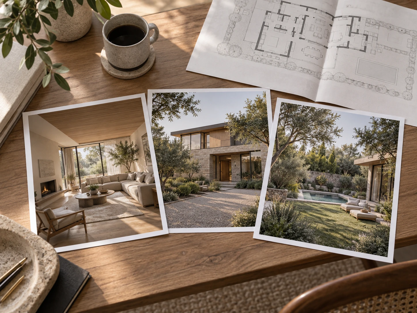 Split view showing an interior render, an exterior render, and a landscape render saved in the same archybase workspace