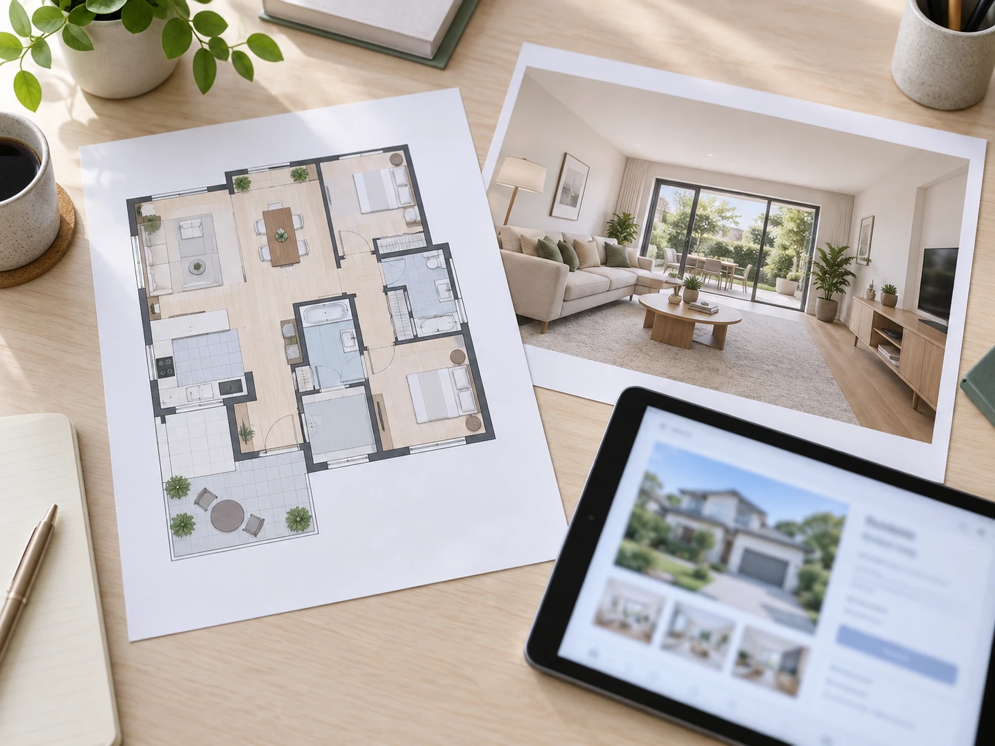 Real estate listing package showing a floor plan next to its matching interior render