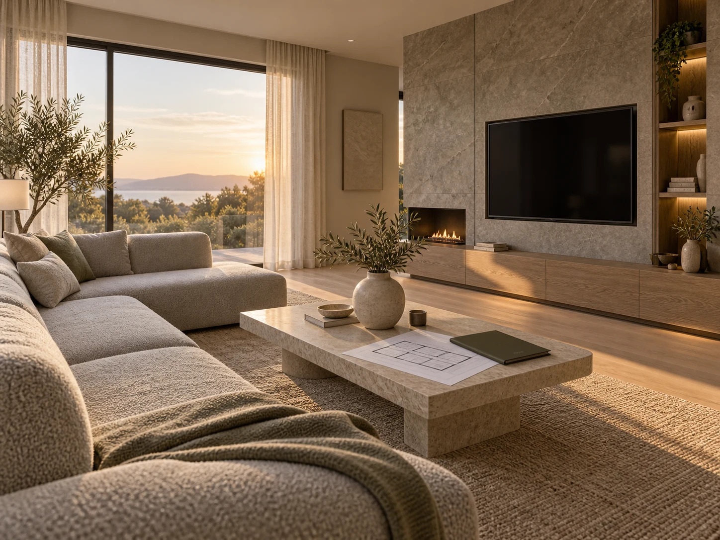 Photorealistic AI interior render of a living room generated from a floor plan image saved in an archybase workspace