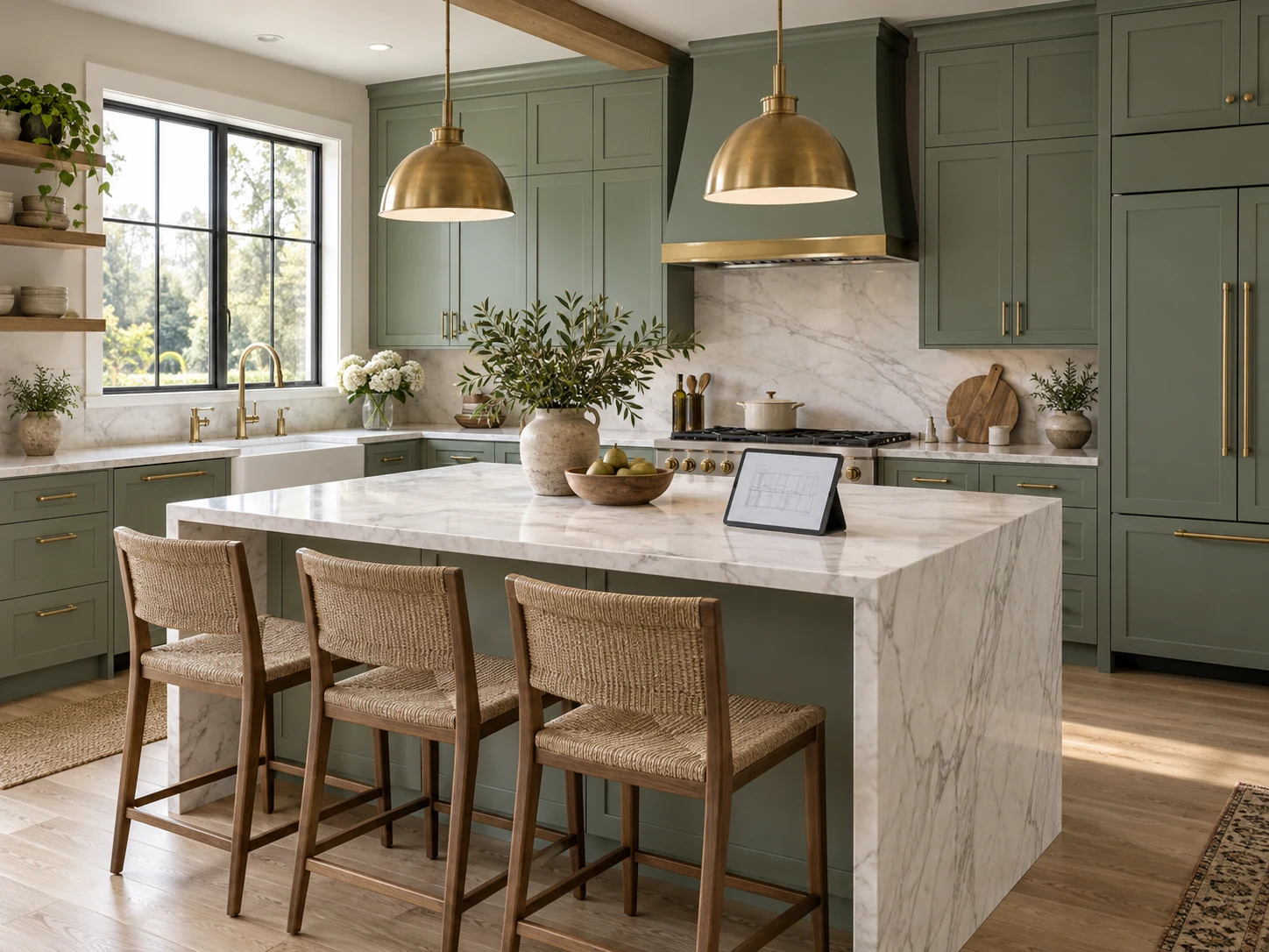 AI interior render of a kitchen showing the same cabinet layout from a workspace design export, finished with stone countertops and pendant lighting