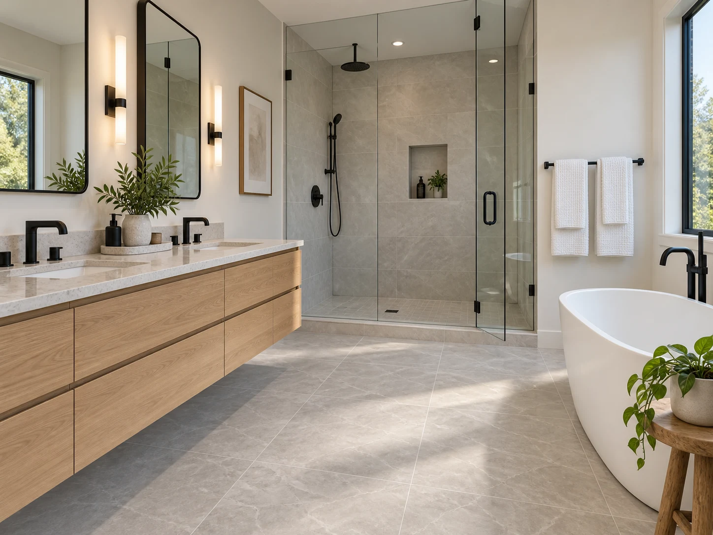 Bathroom renovation interior render generated from an existing smartphone photo for a real estate listing