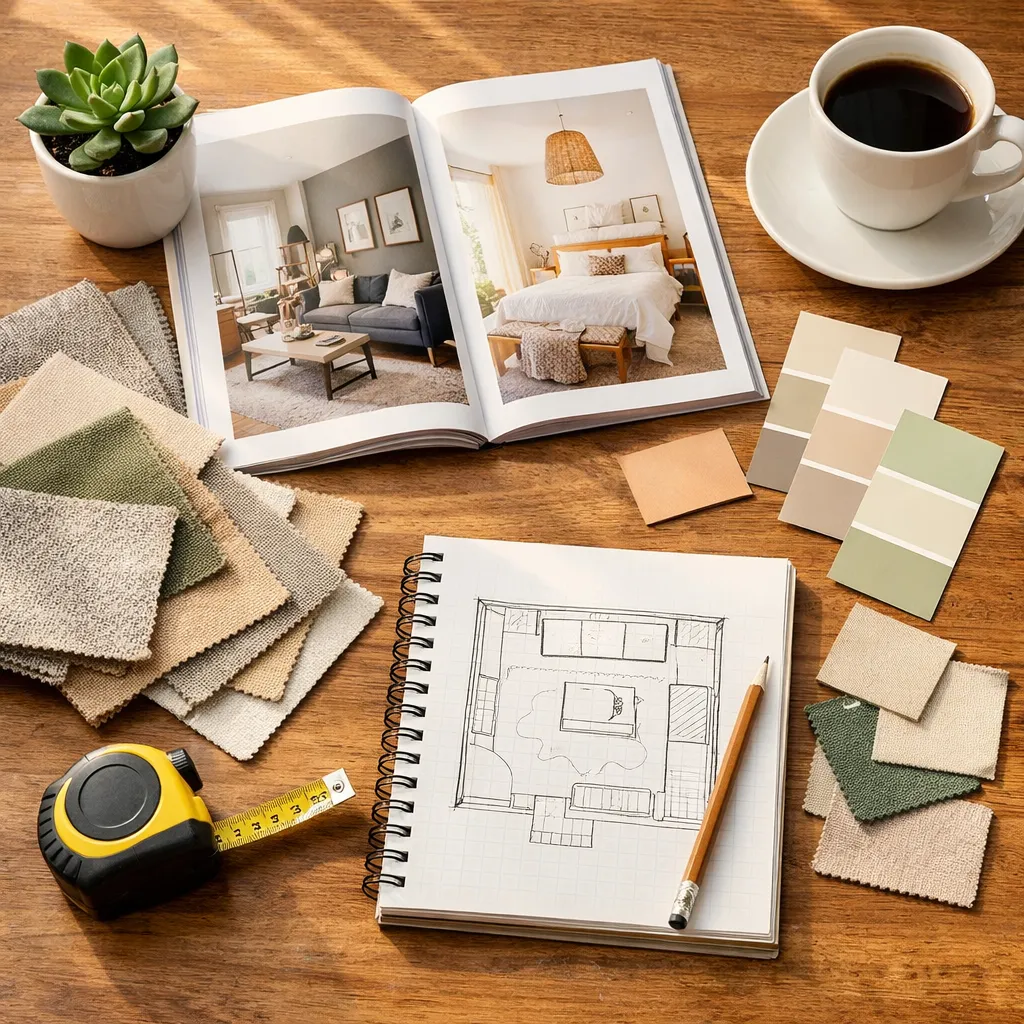 Homeowner using the AI interior design generator on a tablet to redesign a living room
