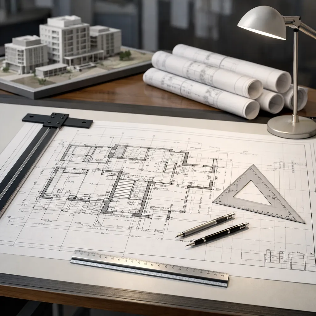 Architect reviewing an AI-generated interior visualization created from a floor plan