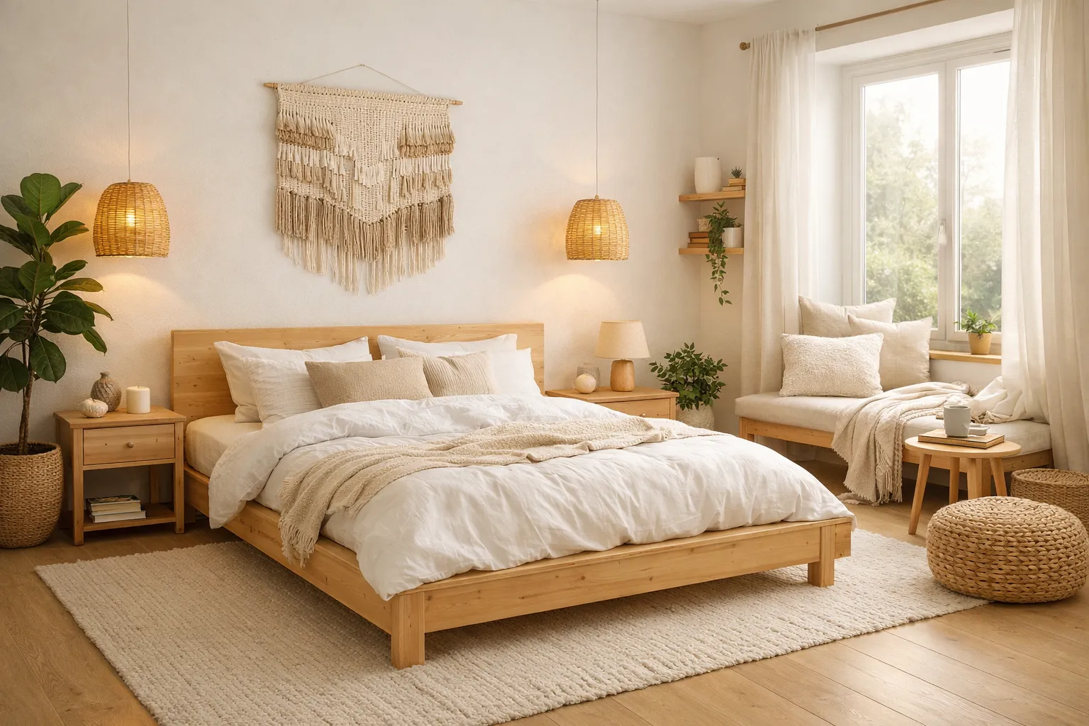 AI interior design generator result: Scandinavian bedroom with warm natural lighting
