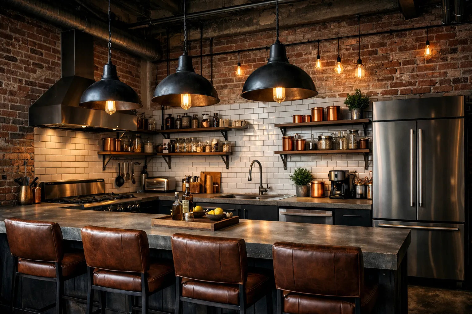 AI interior design generator result: industrial-style kitchen with exposed brick