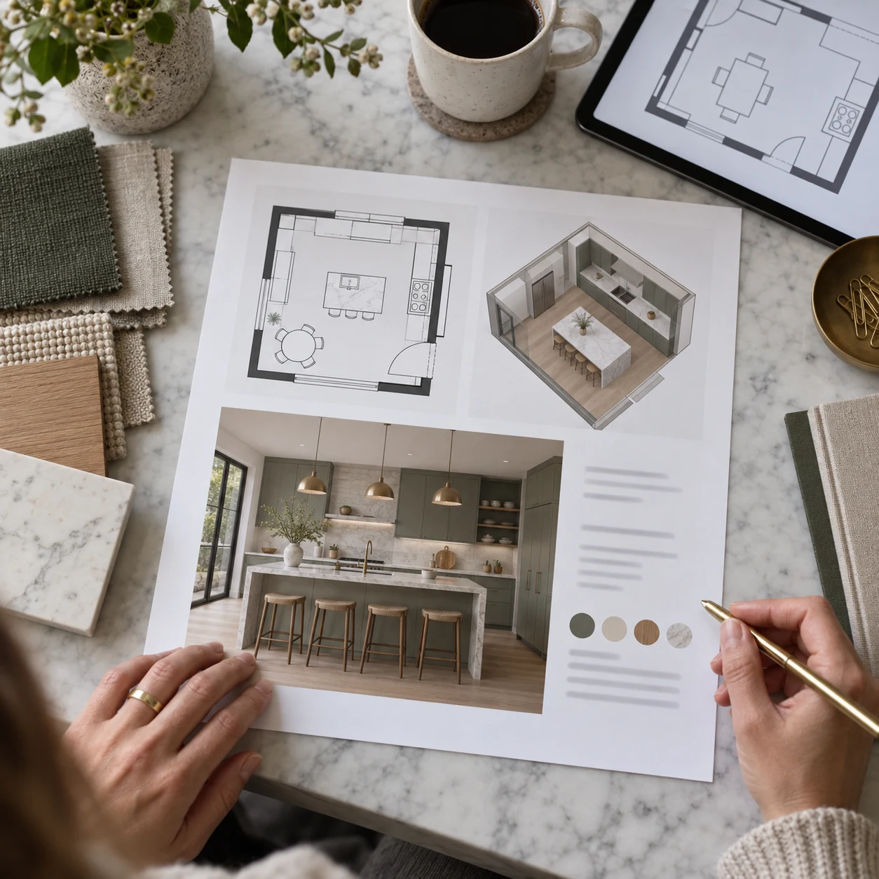 Presentatiepagina voor interieurontwerp met een keukenplattegrond, 3D-weergave en gerenderde keuken
