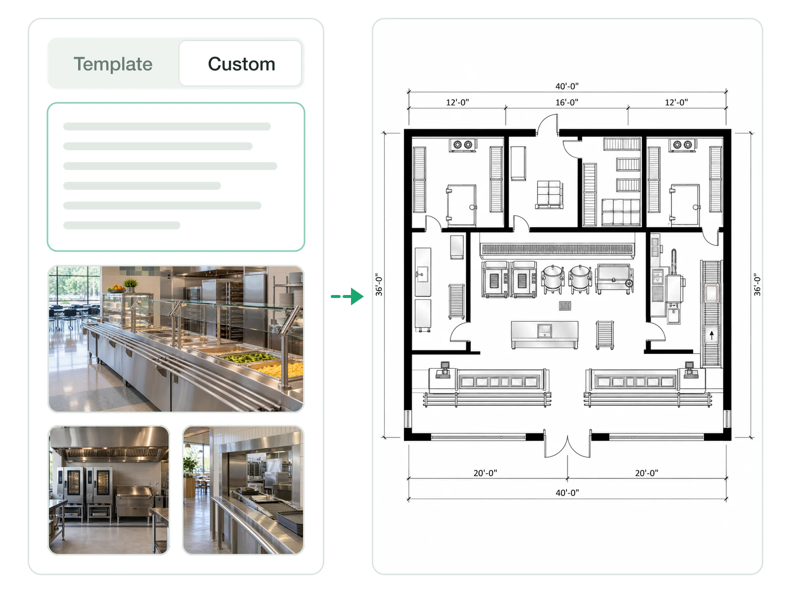 Cafeteria kitchen layout with serving counters generated from a custom brief