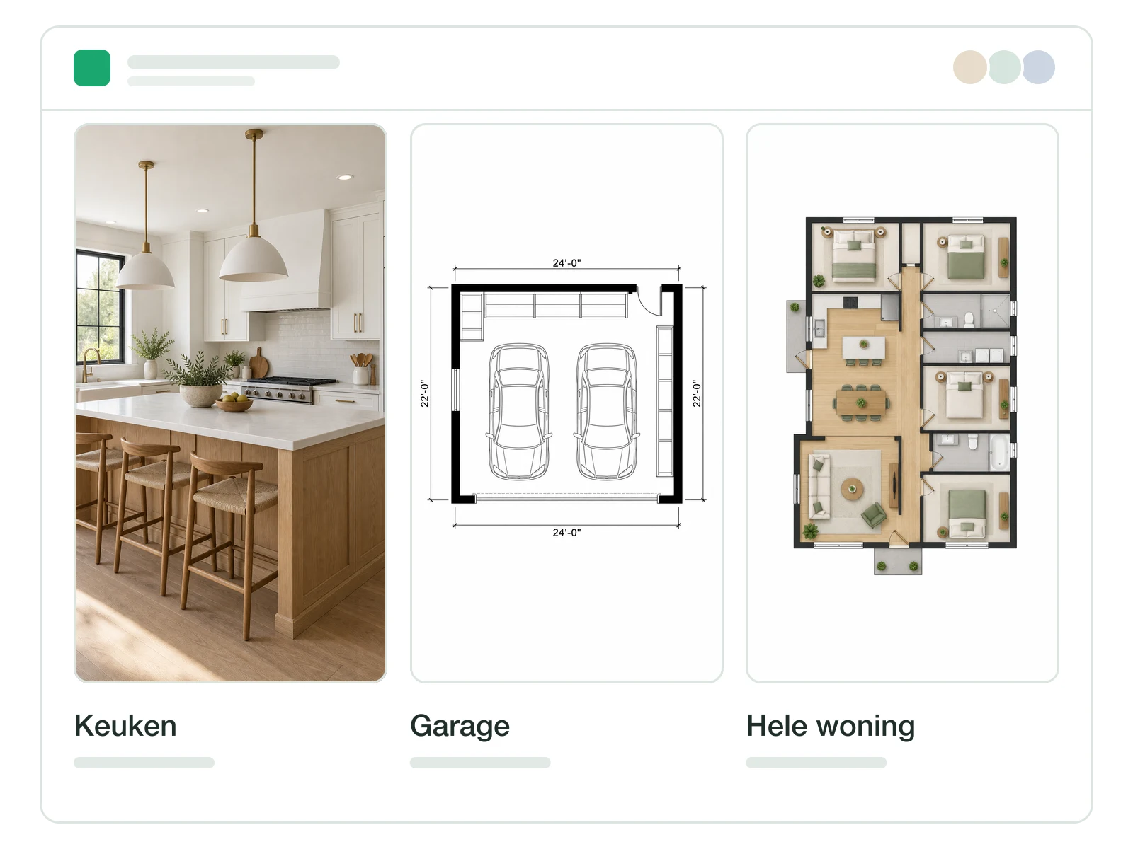 Projectwerkruimte met samen opgeslagen plattegronden voor keuken, garage en het hele huis