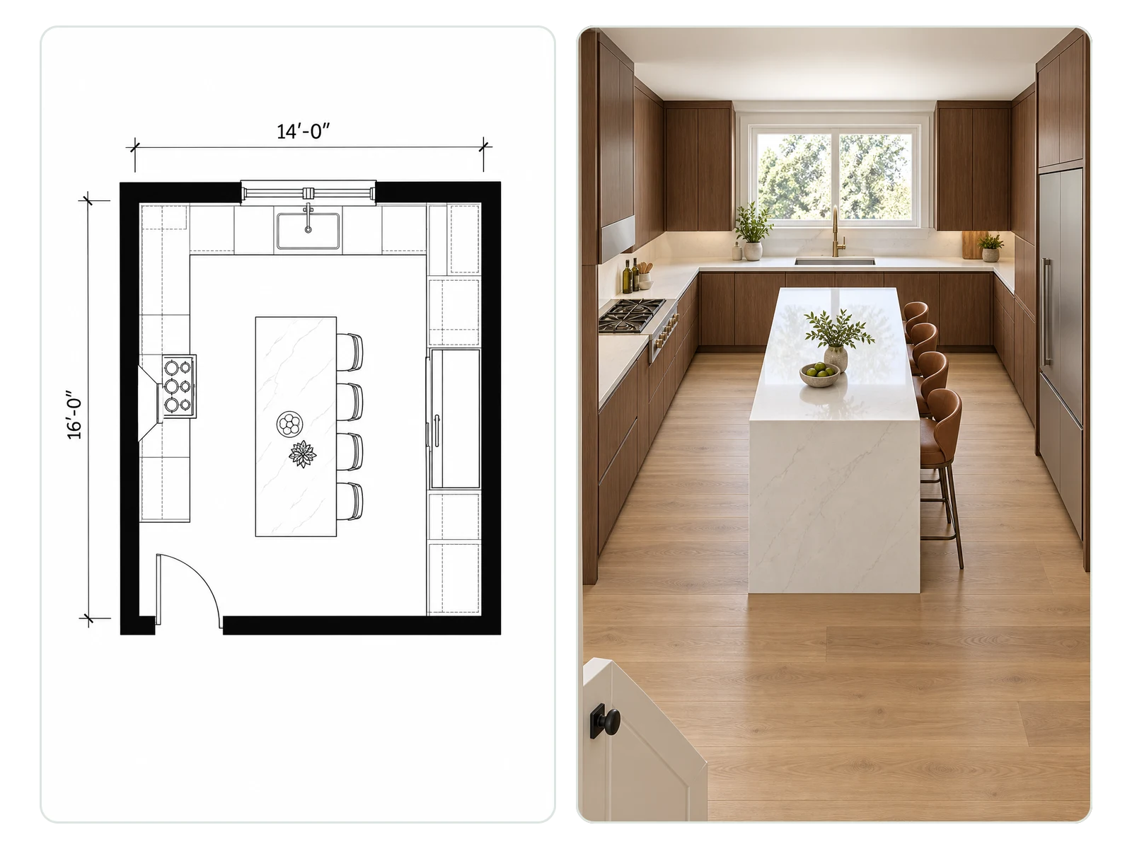 Plattegrond van een eilandkeuken en de render in walnoot en kwarts