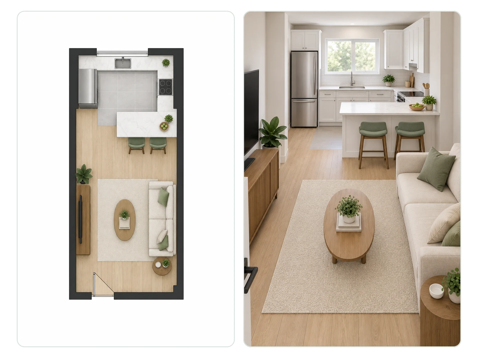Plattegrond van een schiereilandkeuken en de gerenderde keuken voor een huurwoning