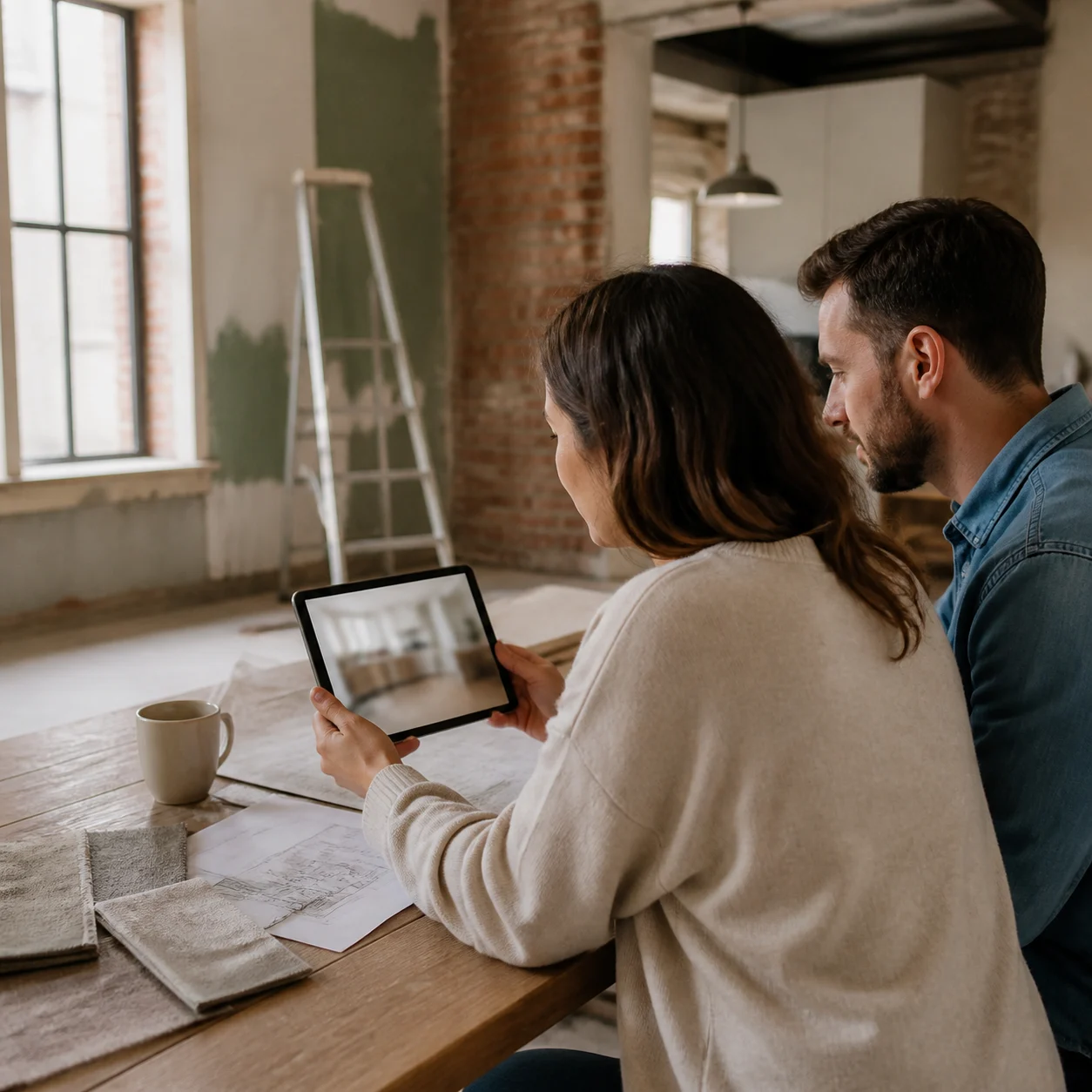 Homeowner comparing kitchen style results on a laptop before a renovation