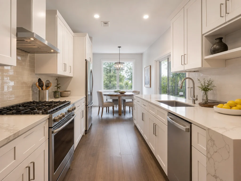 Modern galley kitchen with white cabinetry and quartz countertops