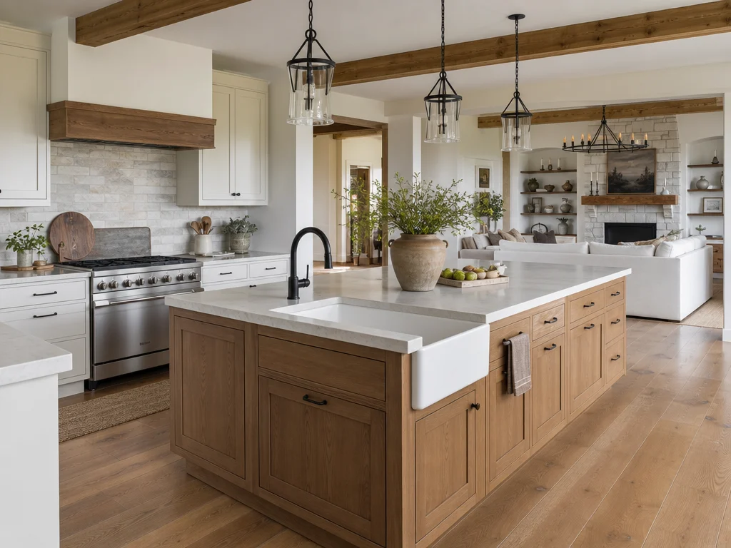 Farmhouse open-concept kitchen island with shaker cabinets and apron sink
