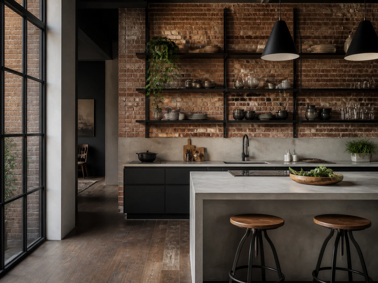 Industrial loft kitchen with exposed brick and black steel shelving
