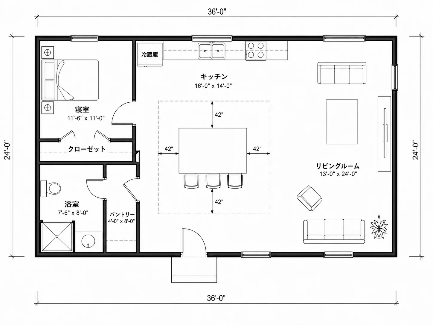 アイランドとカウンター席を配置したキッチン間取り図