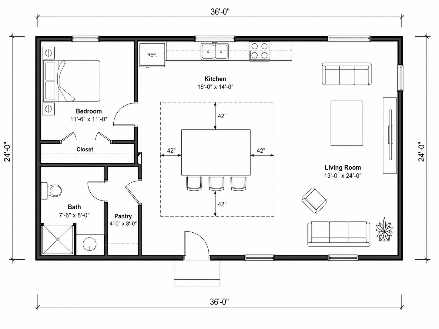 Kitchen layout with an island and breakfast bar