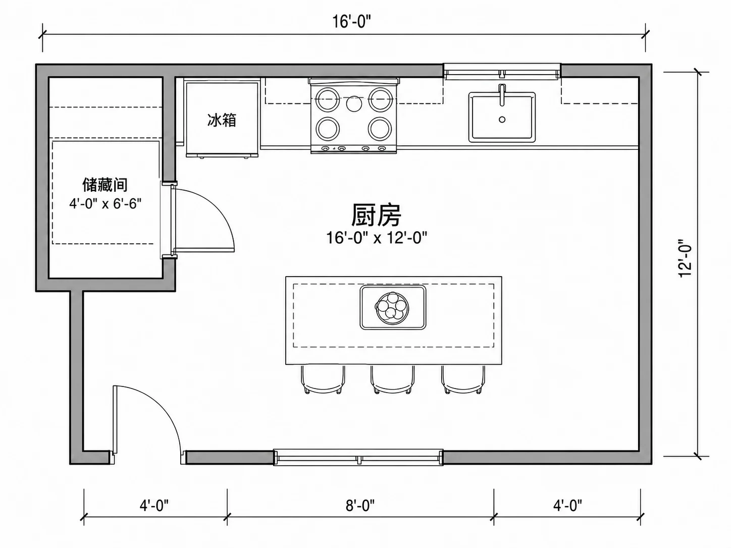 厨房餐具室与收纳墙布局图