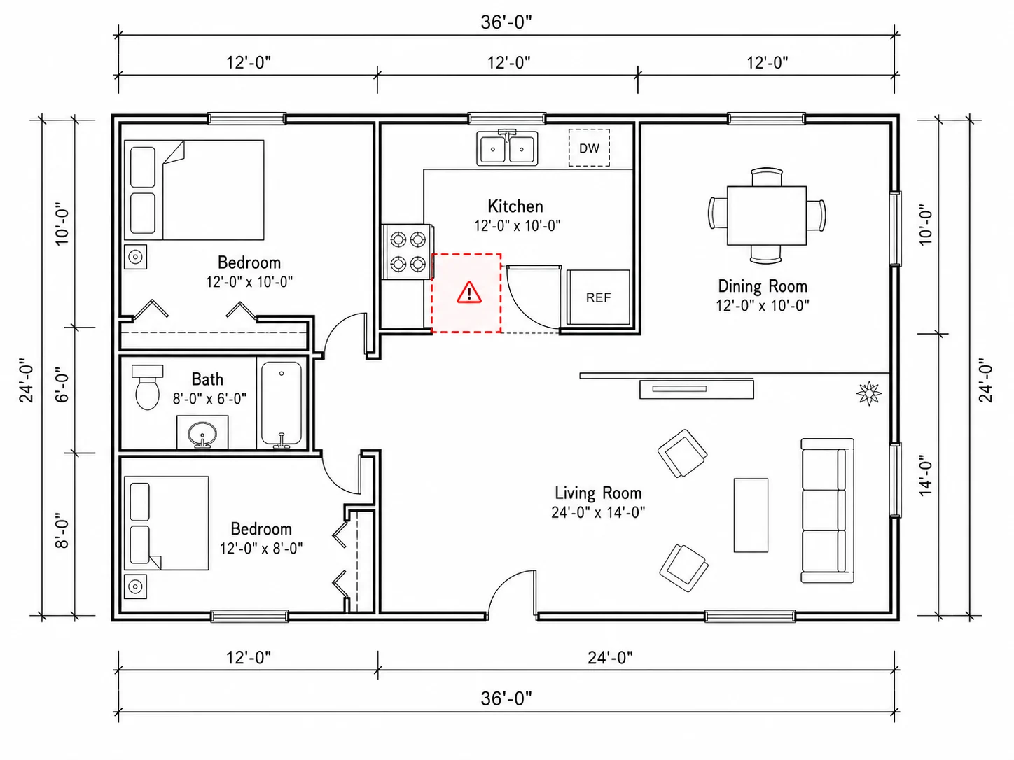 Kitchen planner flagging an overlapping appliance layout