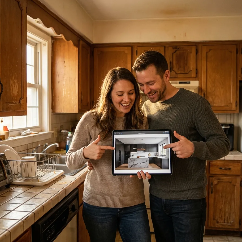 Proprietario di casa che usa lo strumento di design cucina AI su tablet in cucina