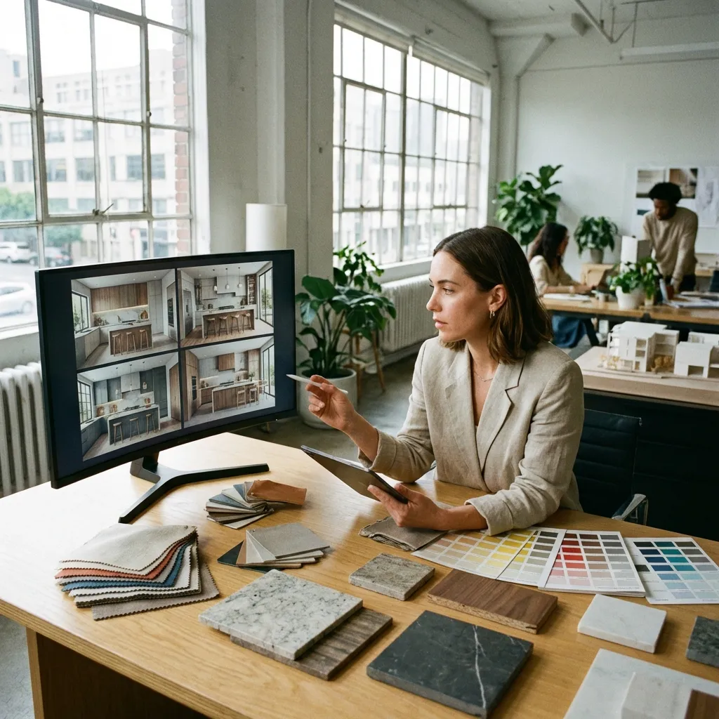 Interior designer che mostra render di design cucina AI a un cliente