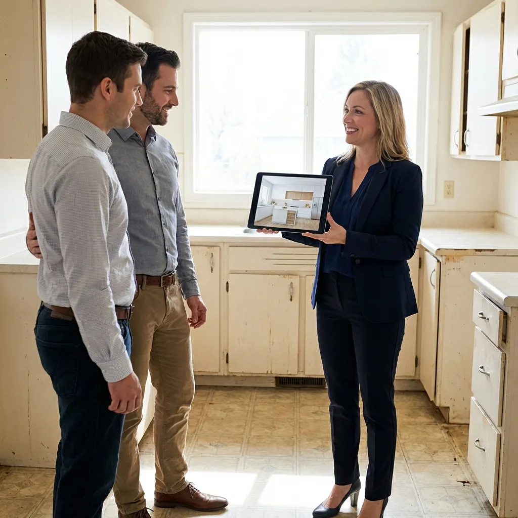 Agente immobiliare che presenta staging virtuale di design cucina AI su laptop