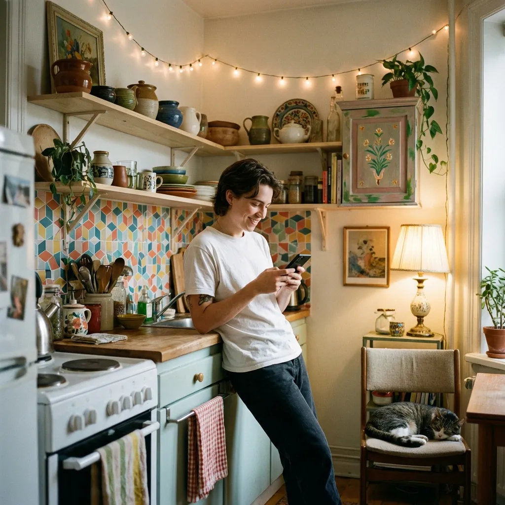 Appassionato di fai-da-te che confronta idee di design cucina AI sul telefono in una cucina di appartamento