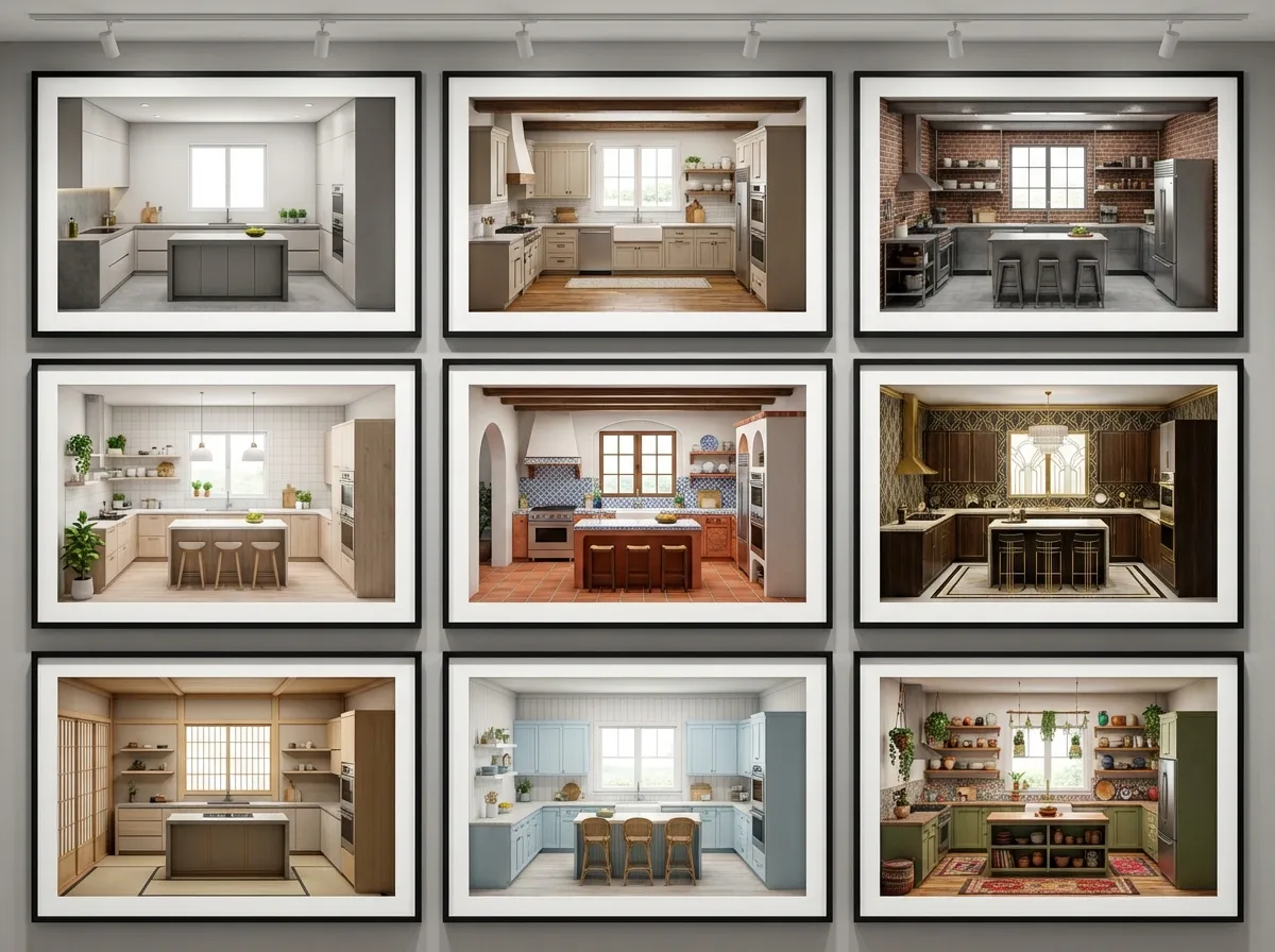 Generatore gratuito di design cucina AI che mostra diverse opzioni di stile