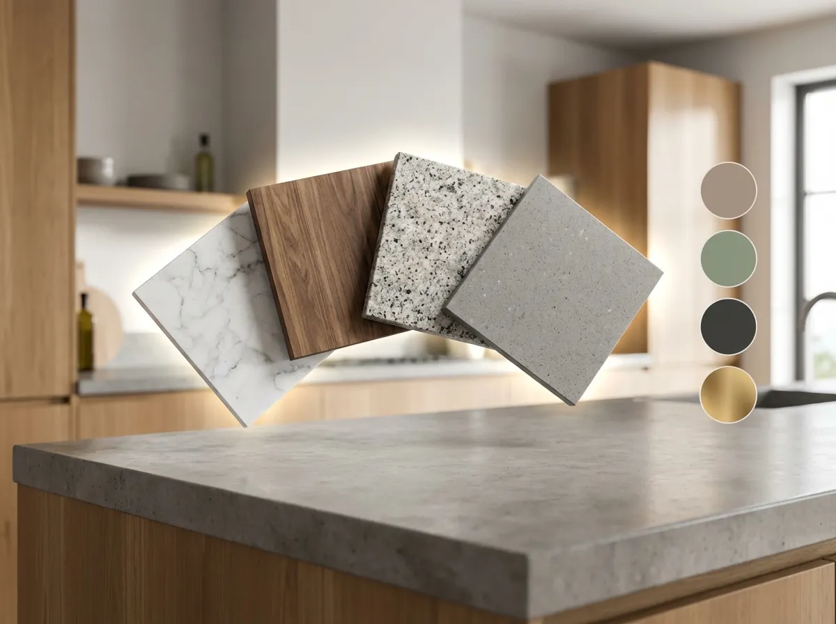 Interfaccia del selettore di materiali e colori del software di design cucina AI