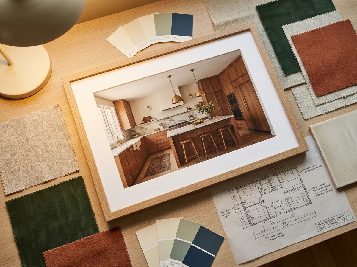 Output di render fotorealistico ad alta risoluzione di design cucina AI