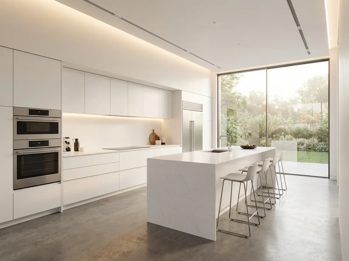 Design cucina AI: cucina bianca moderna minimalista con isola