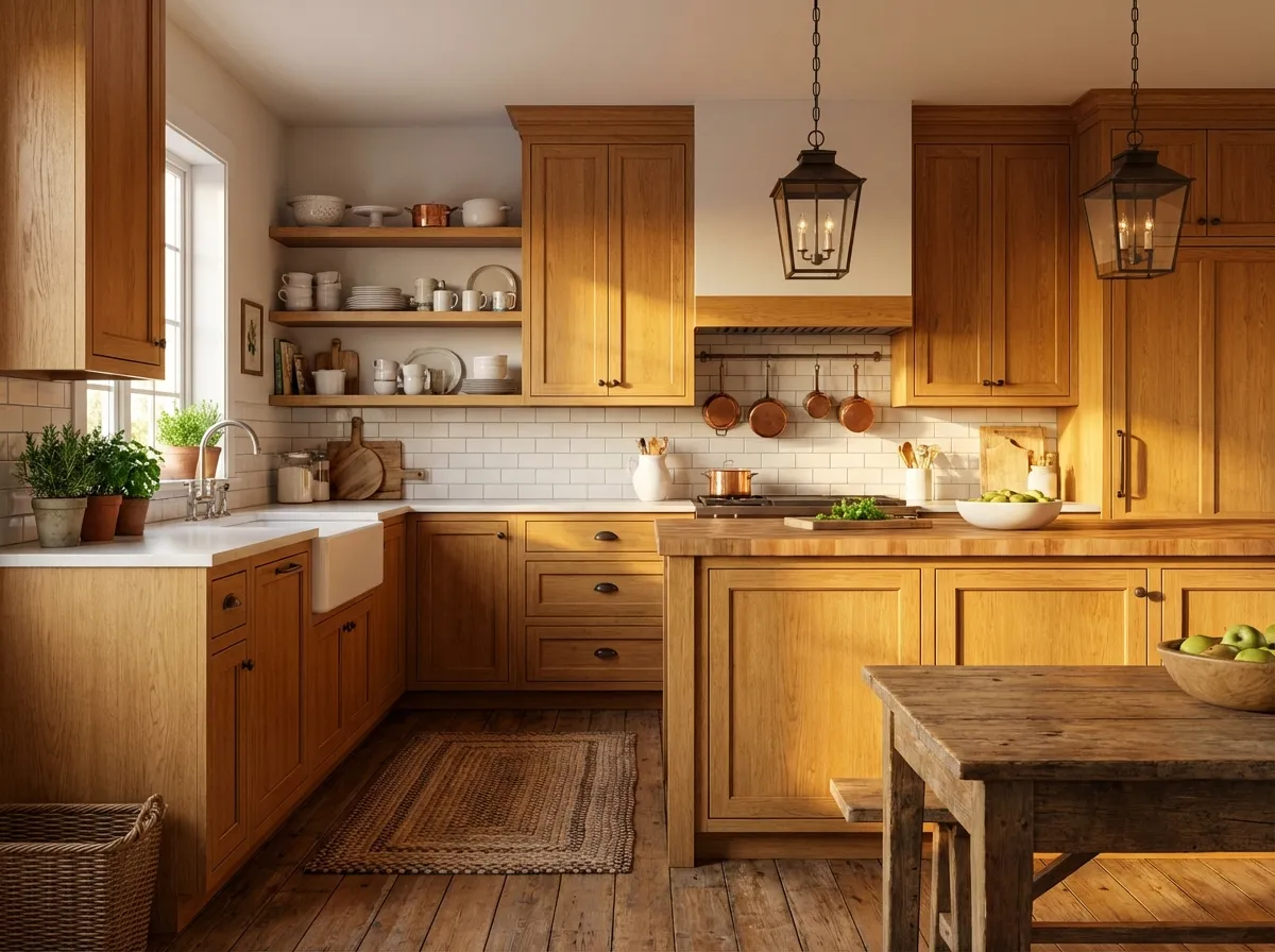 Design cucina AI stile rustico con mobili in legno e mensole a vista