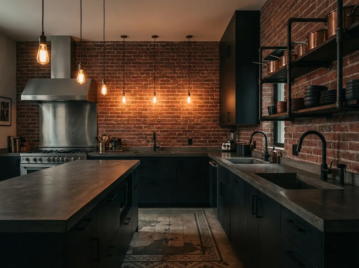 Design cucina AI stile industriale con finiture in cemento e acciaio