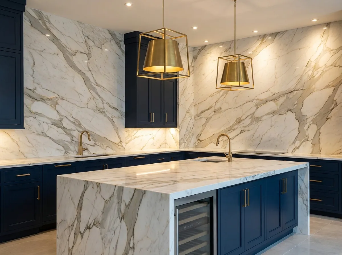 Design cucina AI: cucina di lusso in marmo con accenti dorati