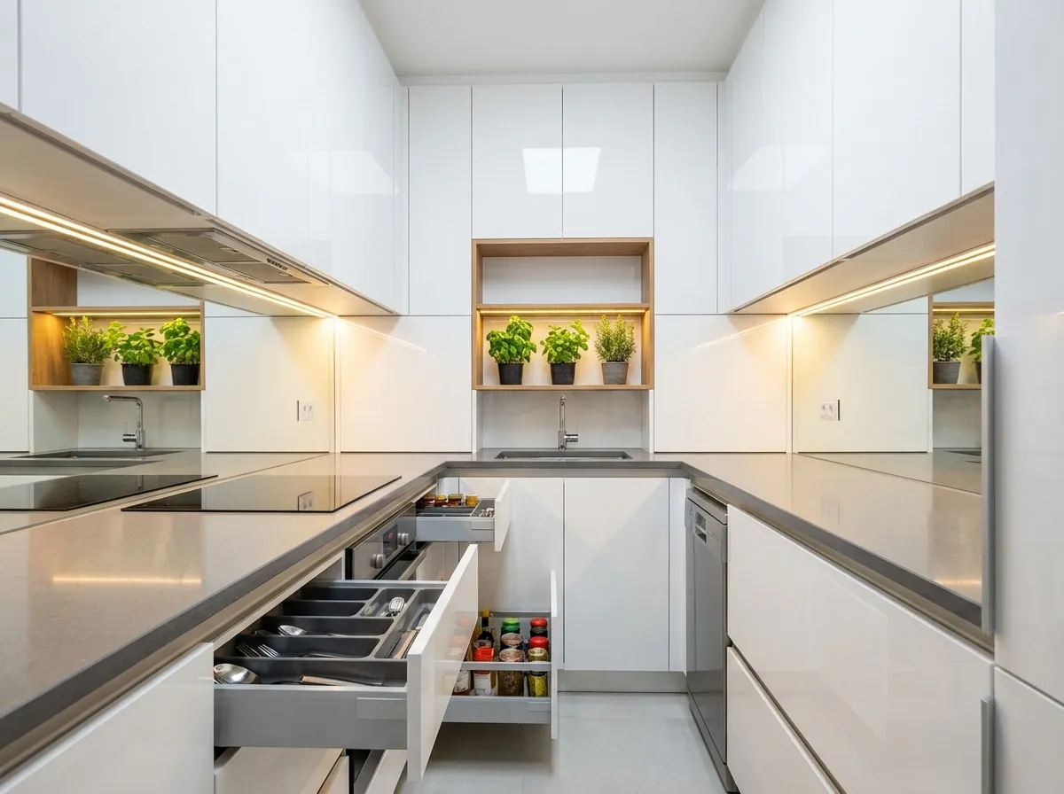 Design cucina AI: piccola cucina a corridoio con spazio massimizzato
