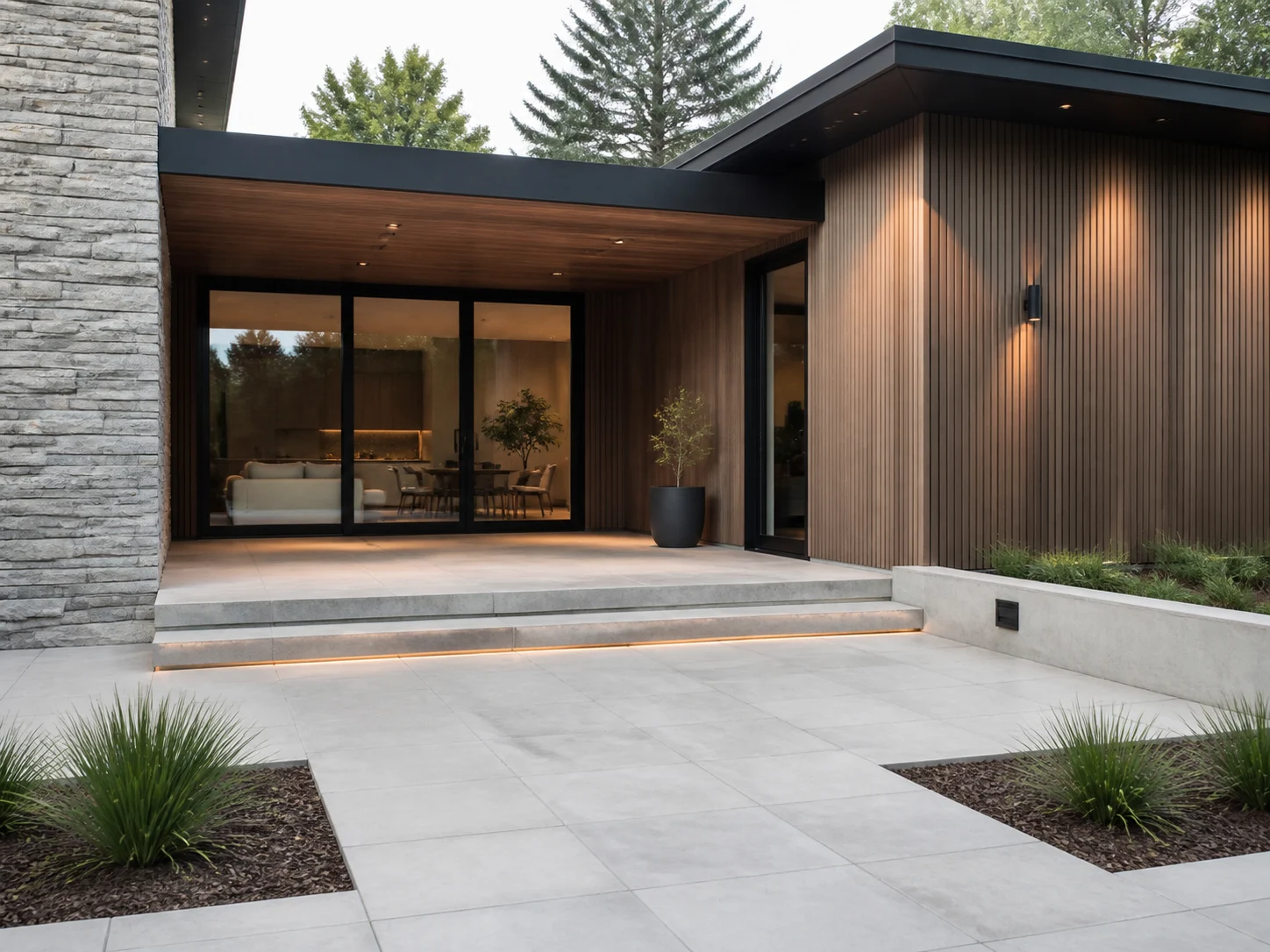 Modern landscape scene with clean lines and minimal planting