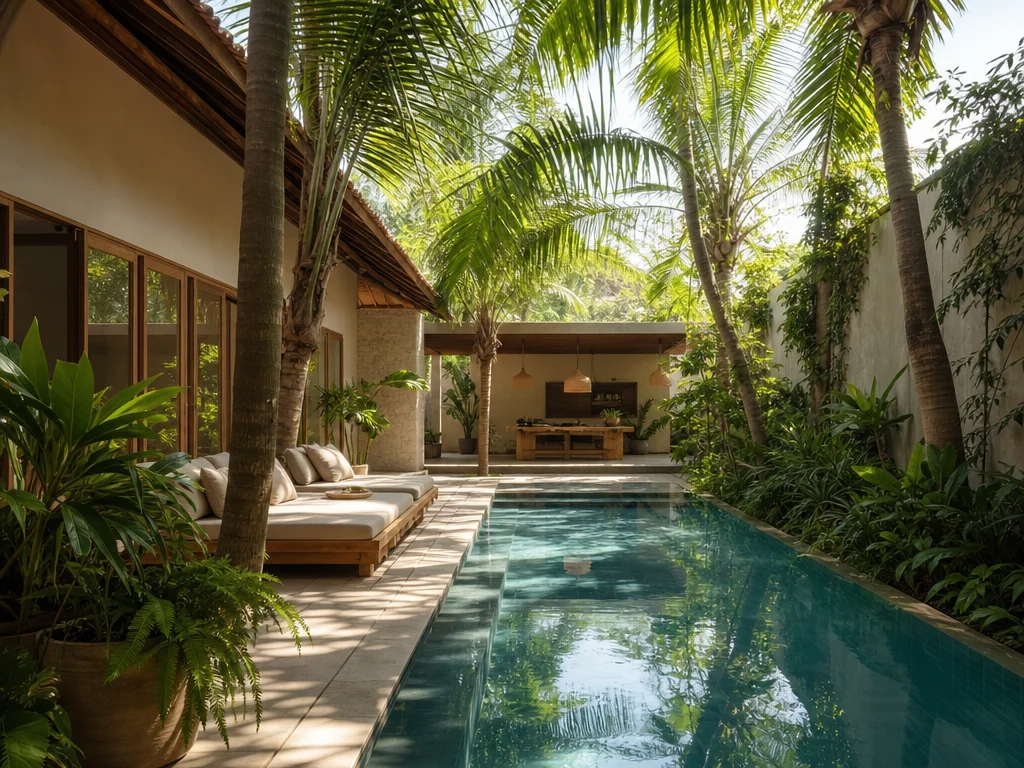 Tropical landscape retreat with palm trees and lush greenery