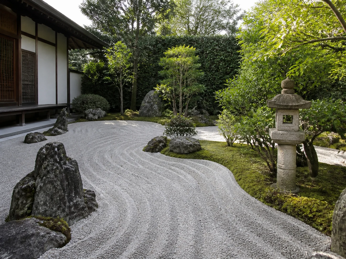 Japanese landscape garden with raked gravel and stone lantern