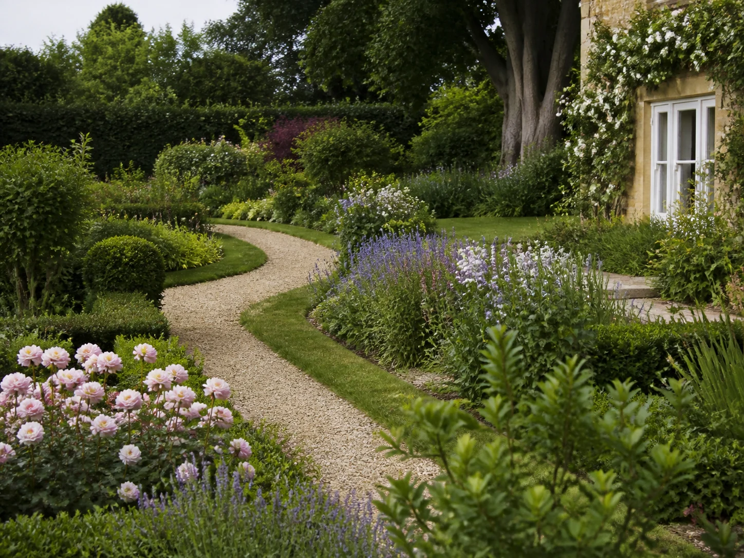 English garden landscape with layered flower beds