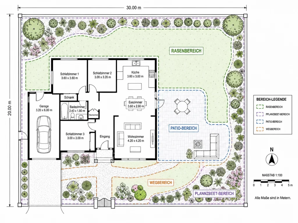 Landschaftsplan mit zonierten Bereichen für Rasen, Beete, Terrasse und Wege