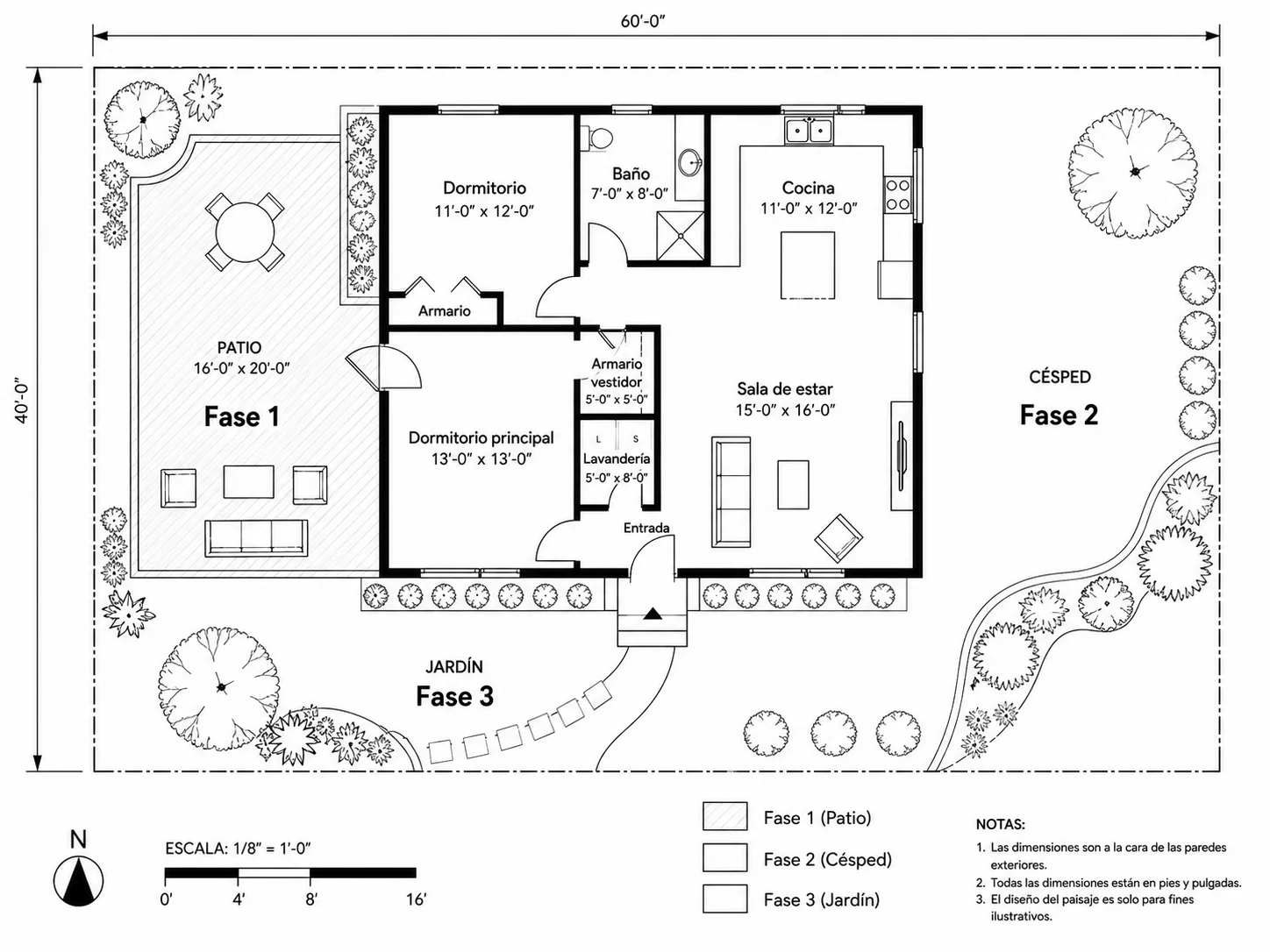 Plano de paisajismo con fases de ejecución del proyecto